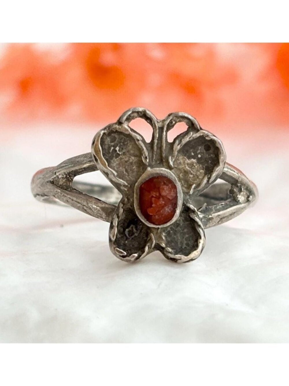 Coral Chip Inlay Butterfly Figural Sterling Silver 925 Vintage Ring - sz 5.25
